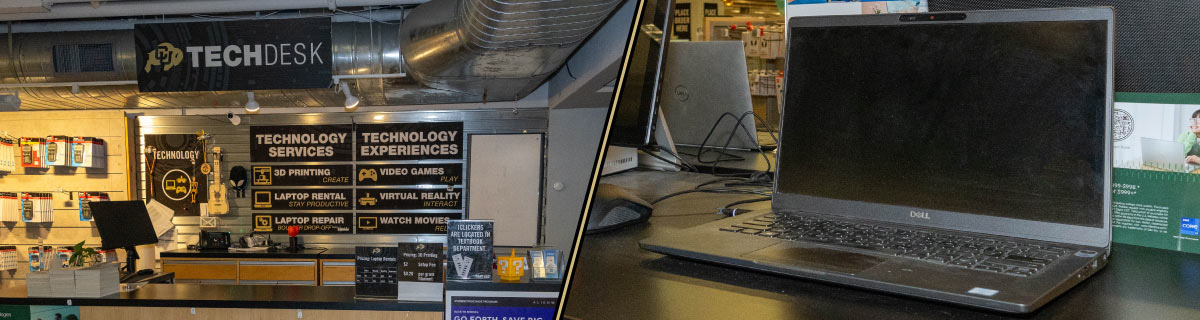 A black laptop and a wooden desk in the CU Bookstore with sign reading Tech Desk above the desk