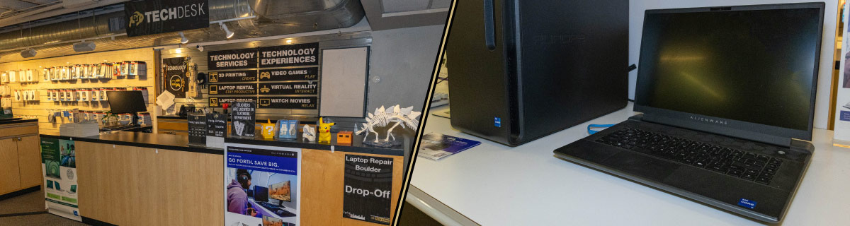 A black laptop and a wooden desk in the CU Bookstore with sign reading Tech Desk above the desk