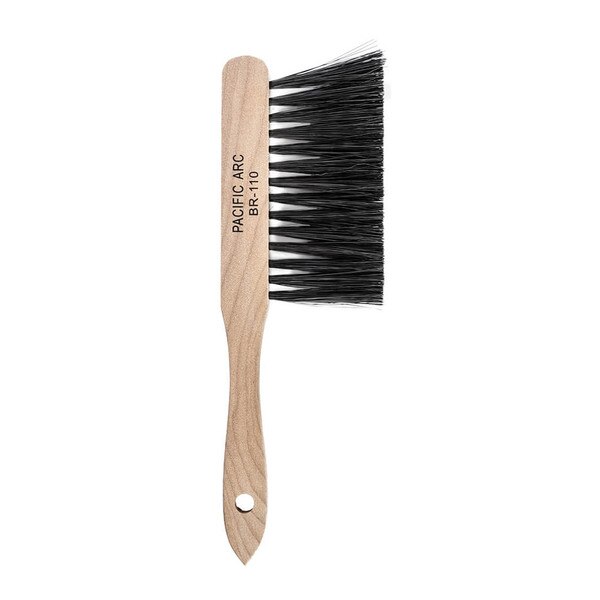 Brush with wooden handle and long black thick bristles.