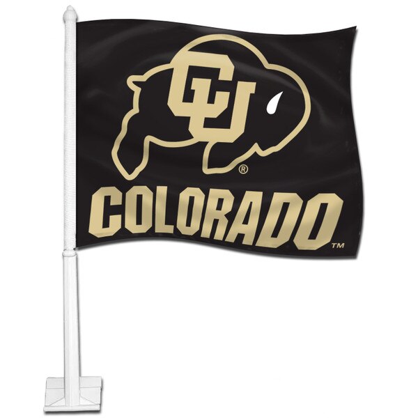 This is a black car flag with a white flag pole. The text is gold and the C.U. buffalo logo is black and gold.