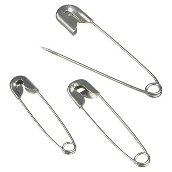Three safety pins in various sizes.