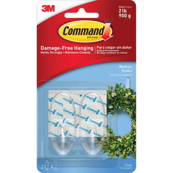 A red and blue package box containing two clear hooks with 4 adhesive command strips.