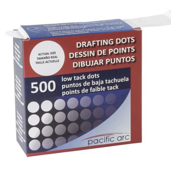 Box of 500 Pacific Arc low tack drafting dots with bilingual labeling and pull-out dispenser