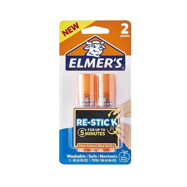 Package of Elmer's Re-Stick clear school glue sticks, featuring two 8g sticks with orange caps, labeled as washable, safe, and nontoxic.