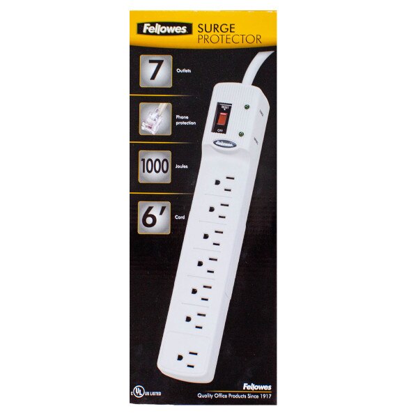A surge protector box that says "Fellowes Surge Protector." Shows outlet surge protector with seven outlets.