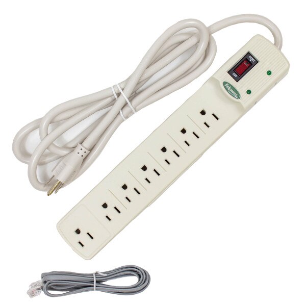 A white outlet surge protector with seven outlets and a long cord.