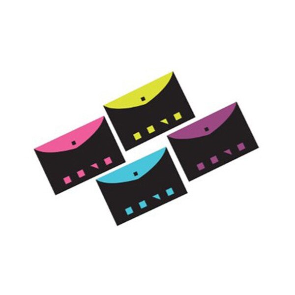 Picture of 4 geo polyenvelopes with 2 pockets in black with various accent colors of pink, purple, yellow, and blue shown with various cutouts throughout polyenvelope.