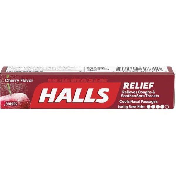 A pack of nine Hall's cherry cough drops.