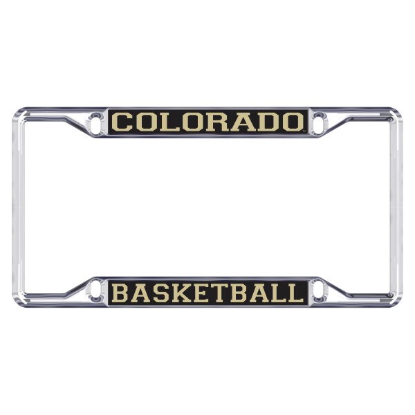 A silver license plate frame that says "Colorado Basketball" in Vegas gold block letters on a black background.