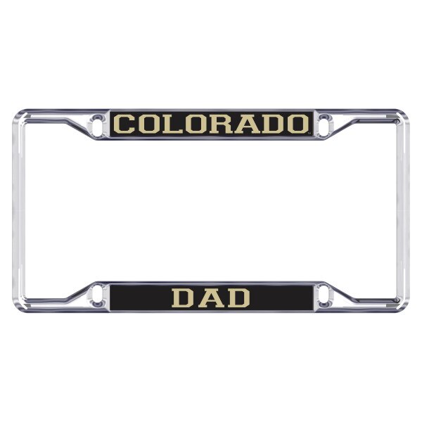 A license plate frame displaying "Colorado Dad' in vegas gold lettering.