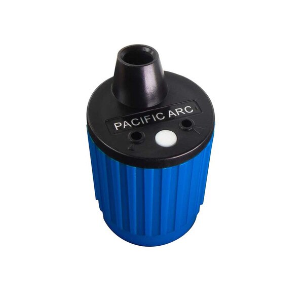 This is a blue, ribbed lead pointer. The outside is blue and the top is black. It has large and small holes for lead pointing and reads "pacific arc" on the top.