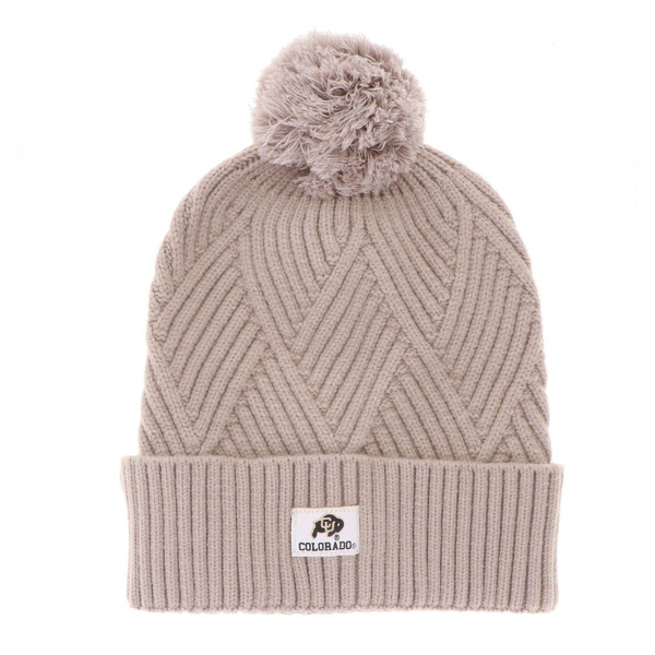 A tan knitted Legacy bridger textured beanie with Colorado Buffalo patch and pom-pom.