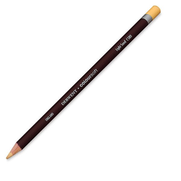 An art sketching pencil in a light sand color. The wood base is a maroon color with a yellow cap showing the color of lead.