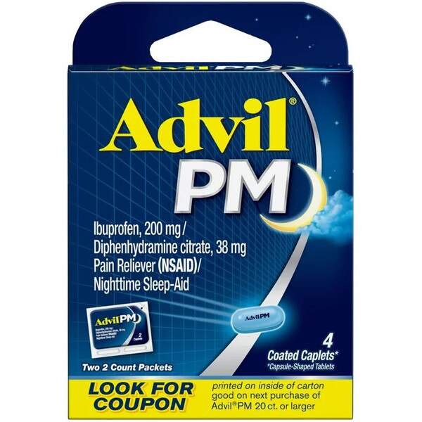 Box of Advil PM, that come with 4 coated caplets.