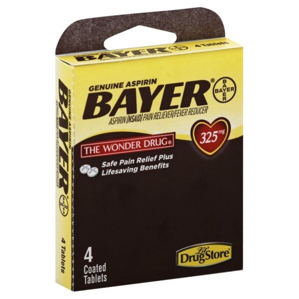 A yellow and black box of Bayer aspirin.