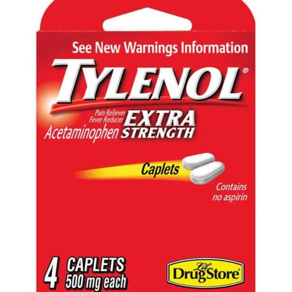 A red box that contains four Tylenol caplets.