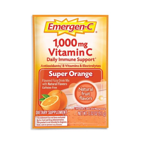 A single serve packet of Emergen-C in the Super Orange flavor.