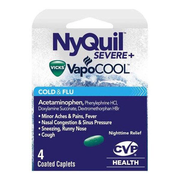 Box of Nyquil severe plus with Vick's Vapocool with 4 caplets inside.