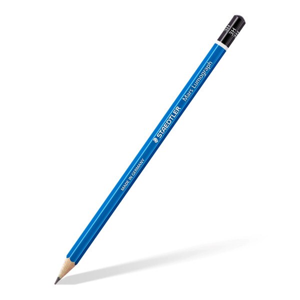 A graphite drawing pencil by Straedtler with a blue wooden finish and a black cap. The pencil is in 3H.