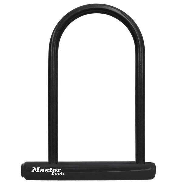 Black U shaped lock with key hole on side.