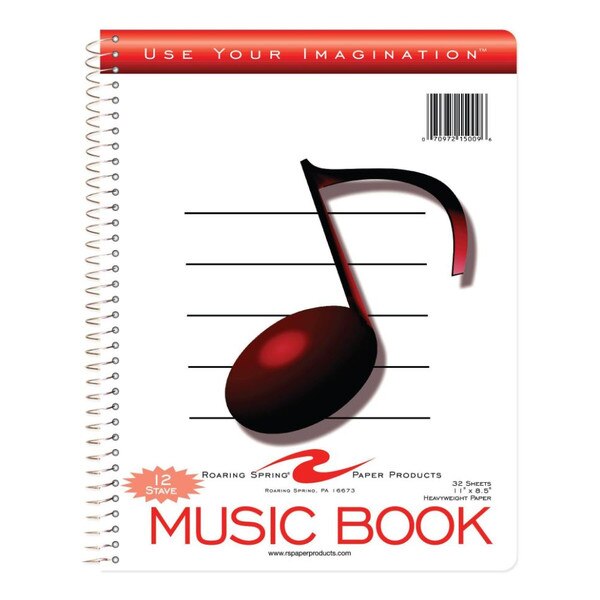 This is a 12 stave music notebook. The pages are white with black staves. The cover is adorned with a large red eighth note.