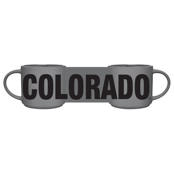 A gray mug with Colorado written in black uppercase letters across the exterior.