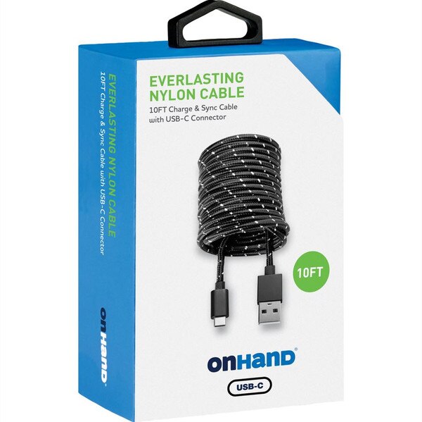 OnHand 10ft black USB-A to USB-C nylon charging cable coiled in retail packaging with side panel visible