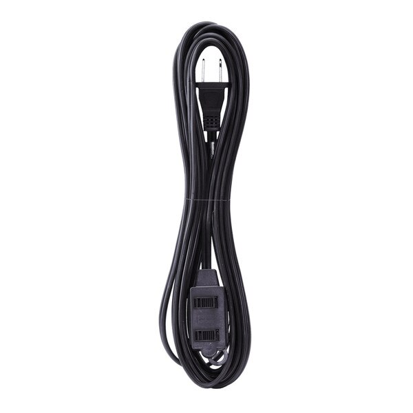 Black wrapped up 15 foot extension cord with 3 outlets, 2 with safety cover.