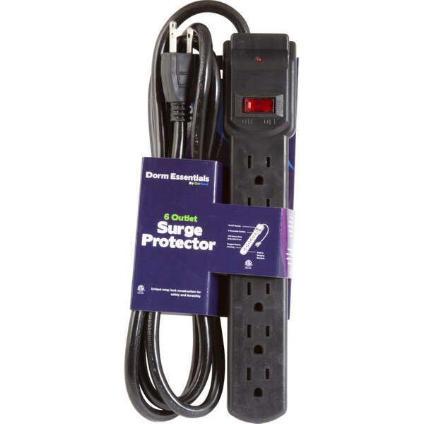 A black surge protector with six outlets and an extension cord.