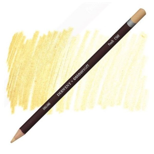 Derwent Coloursoft colored pencil in peach with color swatch background, angled view.