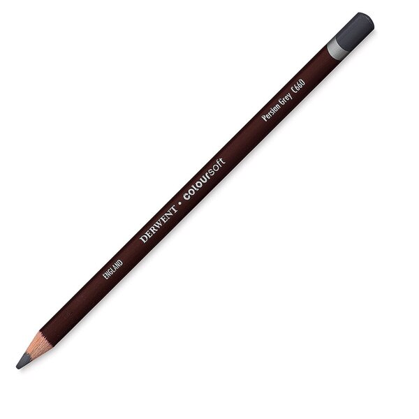 An art sketching pencil in a dark grey color. The wood base is a maroon color with a silver cap.