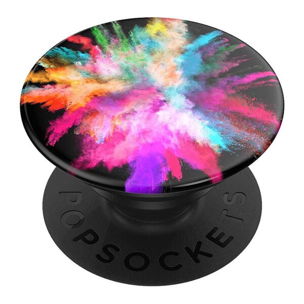 A black popsocket pop grip to attach to your phone, with a cosmic neon space slash color burst pattern.