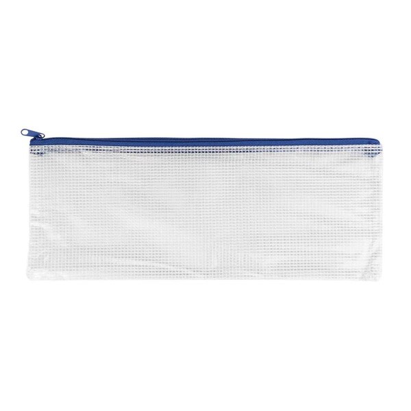 A mesh vinyl lined bag with a blue zipper.
