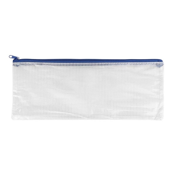A mesh vinyl lined bag with a blue zipper.