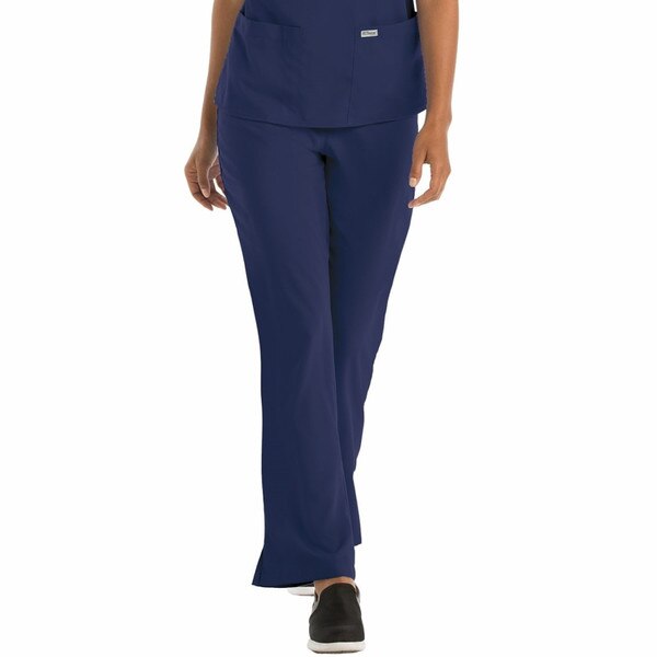 Navy blue scrubs with a large side pocket on the right and a drawstring waist.