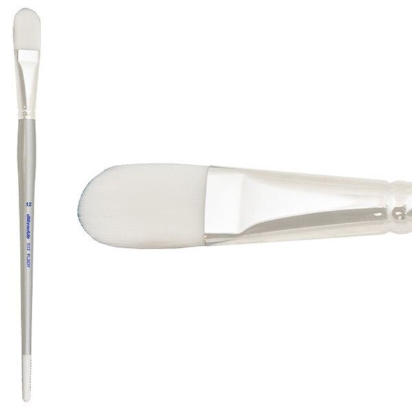 A rounded paint brush with a silver handle.