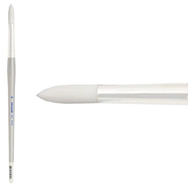 A round and tapered paint brush with a silver handle.