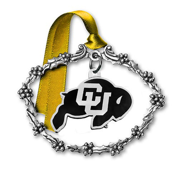 A metal ornament with an encompassed C-U Buffalo logo surrounded by intricate metal-detailed framing, and a tied on Vegas Gold ribbon for hanging up.