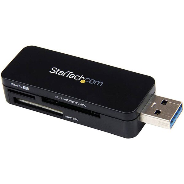 A black memory card reader with USB-A plug-in that says "StarTech.com" on top.