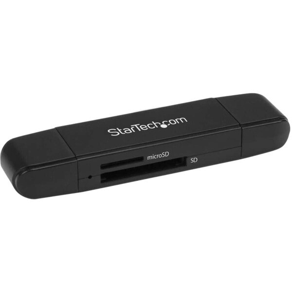 A black memory card reader with slots for SD and micro-SD cards that says "StarTech.com" on the top.
