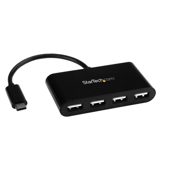 This is a compact black adapter that converts a USB-C port to 4 USB ports.