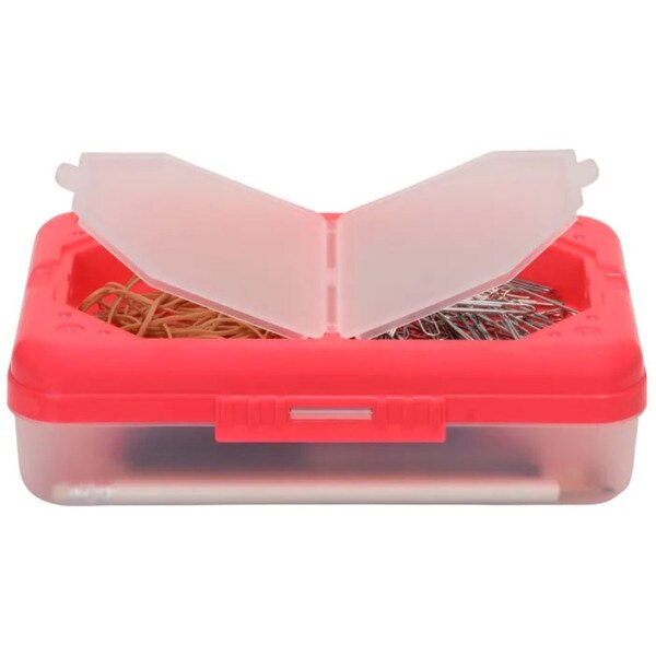Plastic supply box with a red lid, open top compartments containing rubber bands and paper clips.