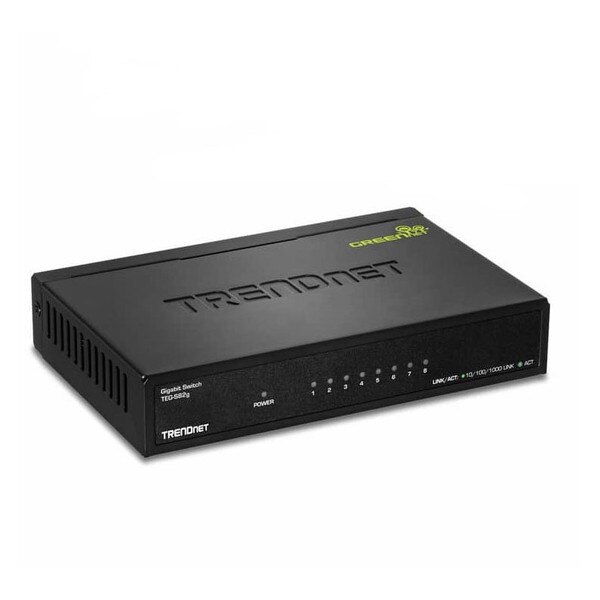 A black eight-port switch that says "Trendnet" on the top and has LED indicators on the side.