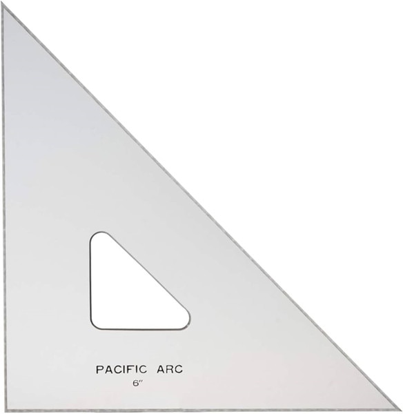 Clear 6 inch triangle with 45/45/90 degree angles with hole in center for easy grip.