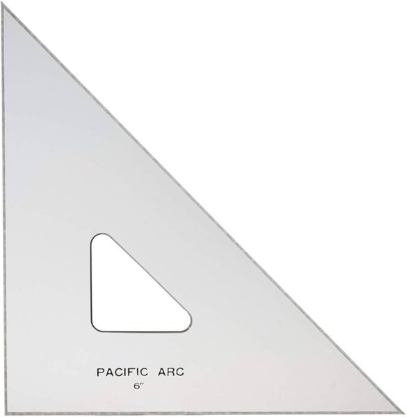 Clear 6 inch triangle with 45/45/90 degree angles with hole in center for easy grip.