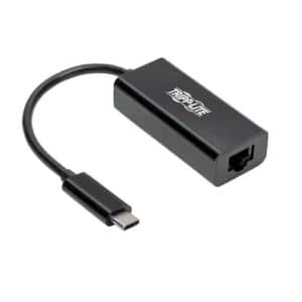 A black U-S-B-C to gigabit ethernet adapter cable.