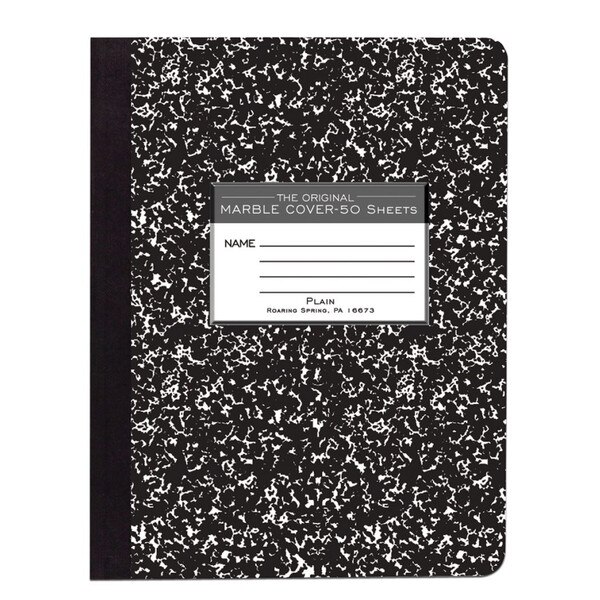 A black and white marbled composition book with fifty, unlined pages.
