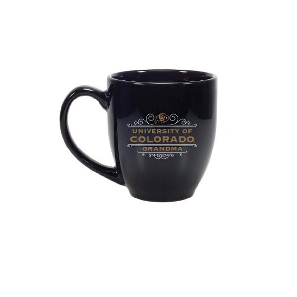 A black University of Colorado Grandma mug with white and Vegas Gold detailing and a CU Buffalo logo.