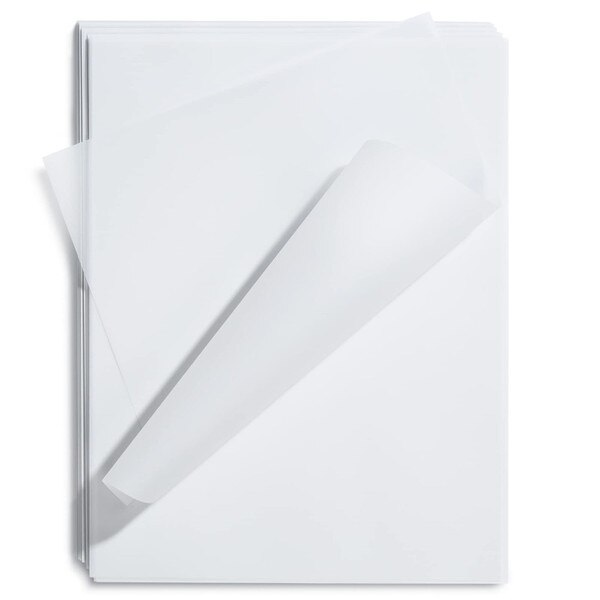 A stack of vellum tracing paper with one piece curled on top. Product includes one sheet of vellum.