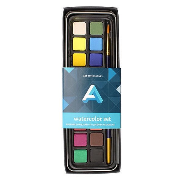 This is a tin watercolor set with 18 different colors and a synthetic round brush. Colors include different shades of rainbow colors, black, white and brown.
